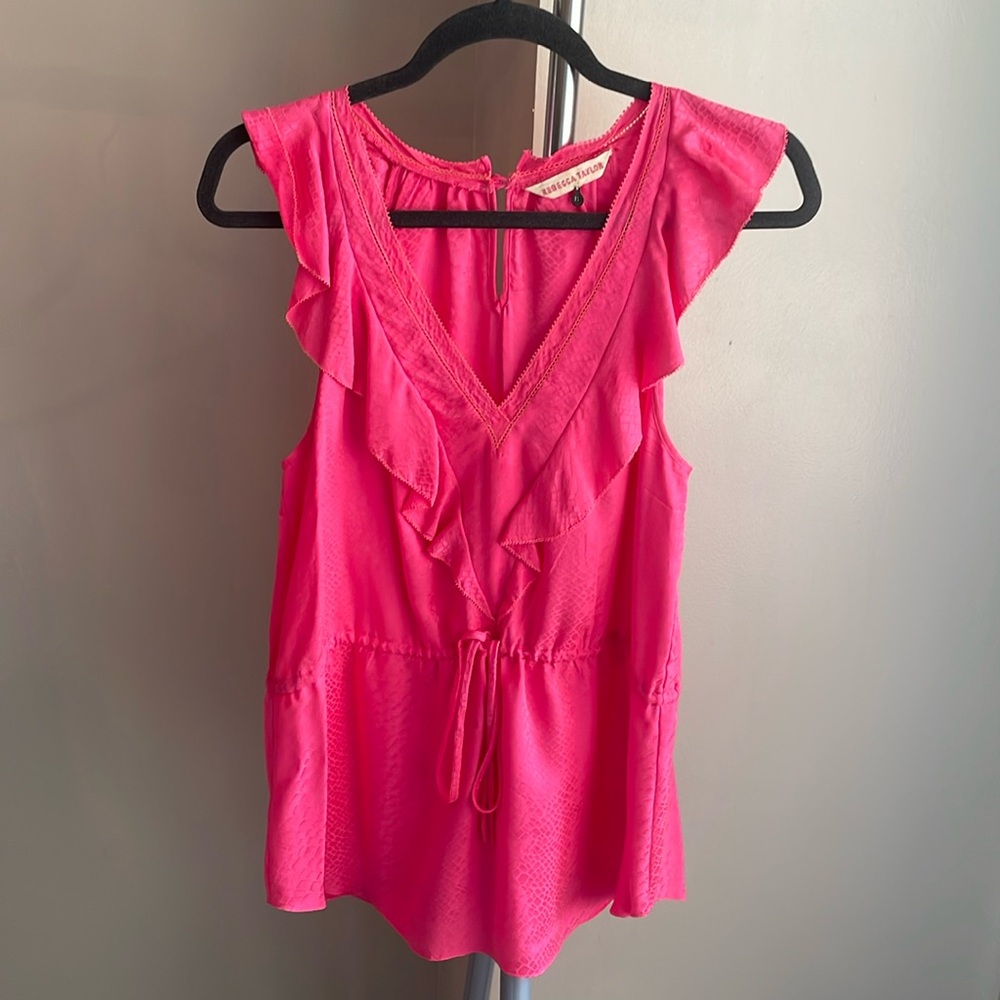 Rebecca Tylor Tie Waist V-Neck 100% silk top riffle top